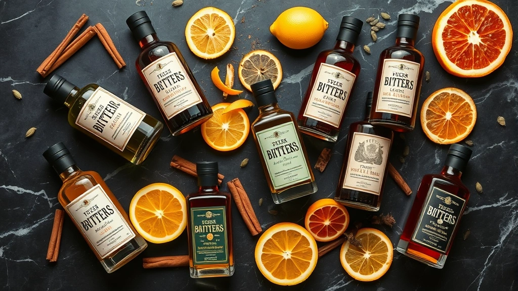 Overhead flat lay of multiple premium bitters bottles arranged artistically with fresh citrus peels, cinnamon sticks, and cardamom pods on dark marble surface, sophisticated styling