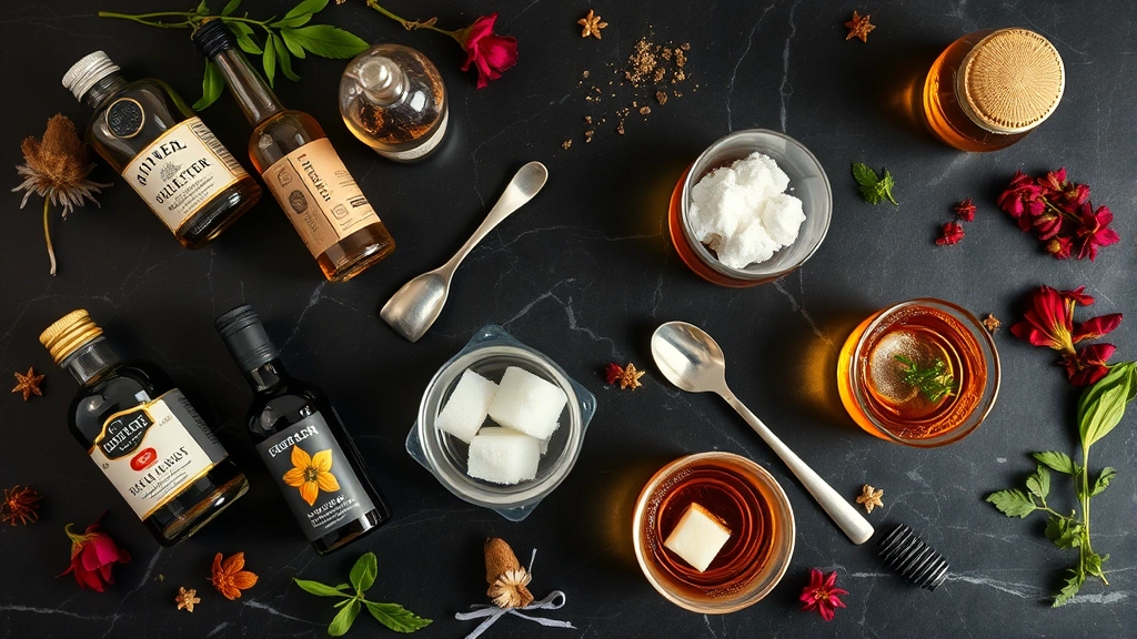 Overhead flat lay of various bitters bottles, mixing glass, bar spoon, sugar cube, and whiskey glass arranged artfully on dark marble surface with botanical elements scattered around