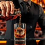Professional bartender carefully pouring amber bourbon into crystal rocks glass with large ice cube, warm amber lighting, sophisticated home bar background with leather seating