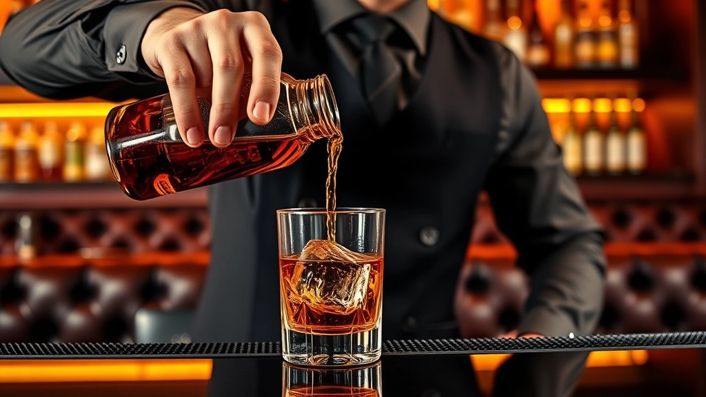 Professional bartender carefully pouring amber bourbon into crystal rocks glass with large ice cube, warm amber lighting, sophisticated home bar background with leather seating