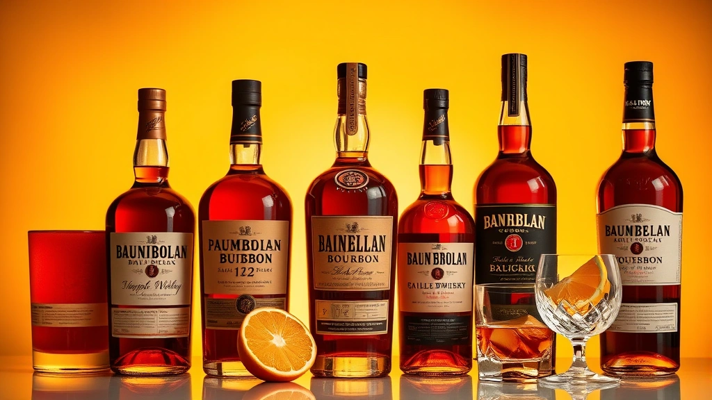 Elegant arrangement of five different bourbon bottles displaying varied amber and dark brown hues, backlit by warm golden light, with crystal glasses and fresh citrus garnish