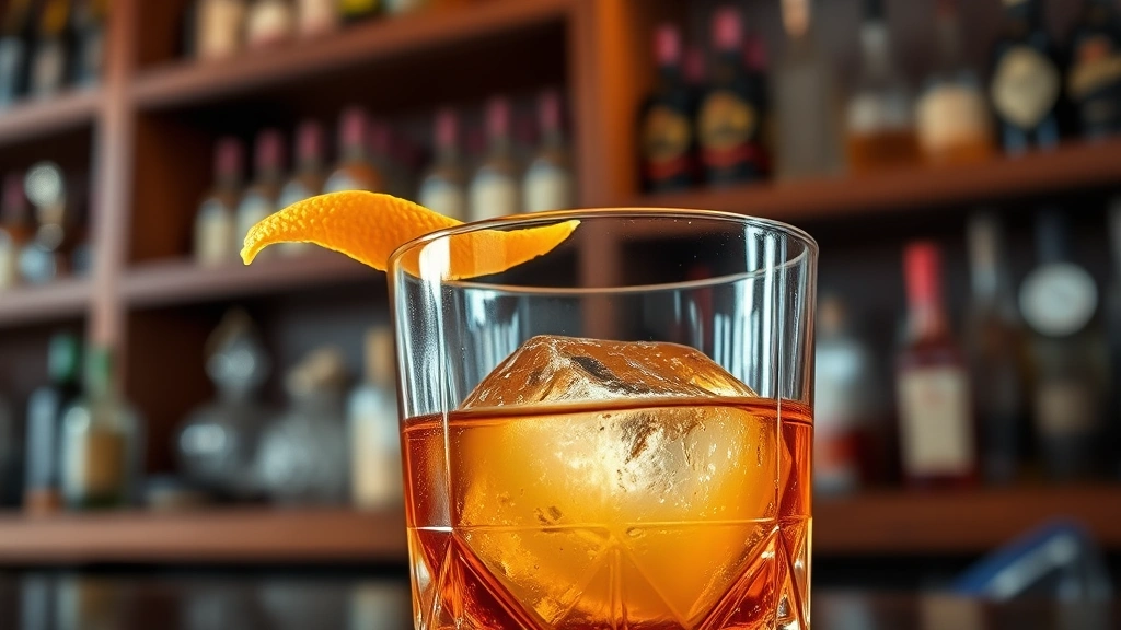 Close-up of perfectly crafted Old Fashioned cocktail in vintage crystal glass, single large ice sphere, orange peel twist, soft focus background of upscale bar setting with wooden shelving