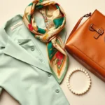 Styled flat lay of vintage designer clothing and accessories arranged on neutral background, including 1970s silk scarf, vintage leather handbag, pearl necklace, and classic sunglasses, soft natural lighting