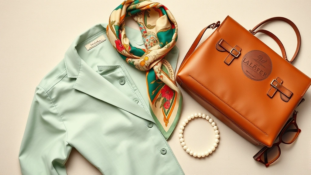 Styled flat lay of vintage designer clothing and accessories arranged on neutral background, including 1970s silk scarf, vintage leather handbag, pearl necklace, and classic sunglasses, soft natural lighting