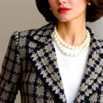 Woman in elegant vintage Chanel tweed jacket and pearl necklace, posing confidently against neutral background, sophisticated 1990s luxury aesthetic, natural lighting highlighting fabric texture and craftsmanship