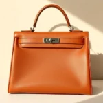 Luxurious vintage Hermès Kelly bag in rich cognac leather, displayed against soft cream background, natural lighting highlighting pristine condition and iconic hardware details