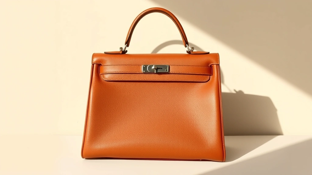 Luxurious vintage Hermès Kelly bag in rich cognac leather, displayed against soft cream background, natural lighting highlighting pristine condition and iconic hardware details