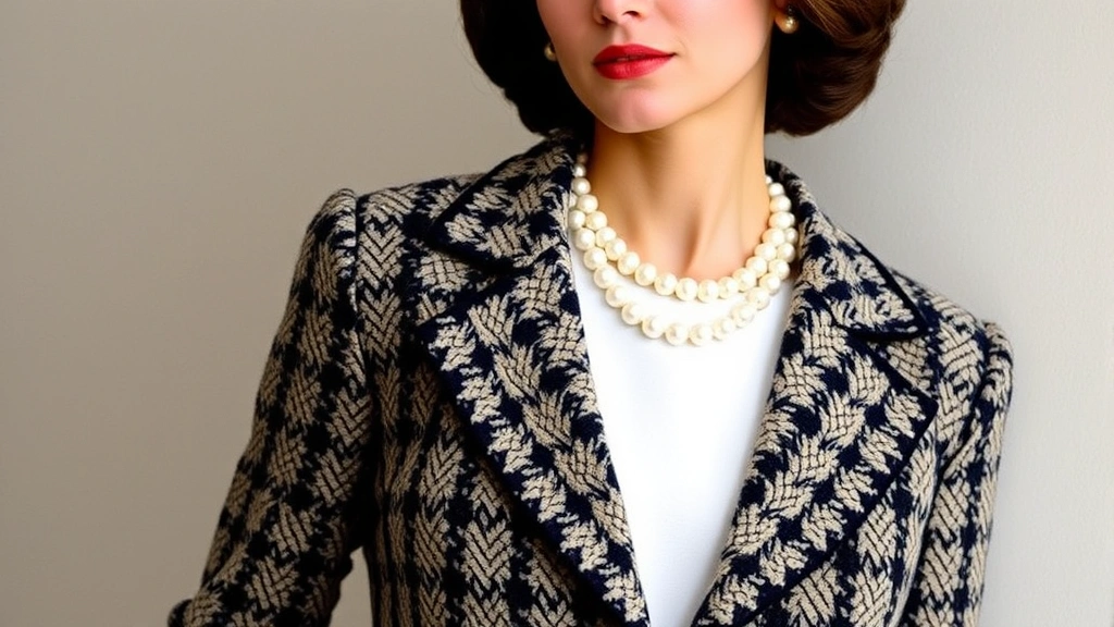 Woman in elegant vintage Chanel tweed jacket and pearl necklace, posing confidently against neutral background, sophisticated 1990s luxury aesthetic, natural lighting highlighting fabric texture and craftsmanship