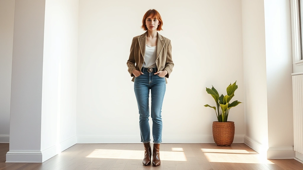 Woman wearing carefully curated vintage ensemble consisting of 1980s tailored blazer, high-waisted vintage jeans, and vintage leather boots, standing in contemporary minimalist interior space with natural window light