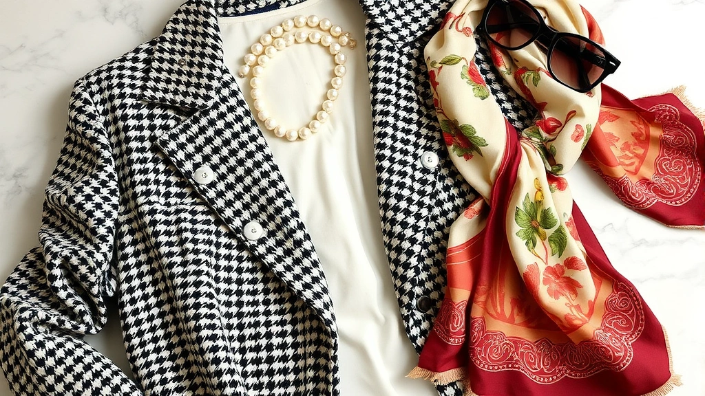 Curated vintage fashion flat lay featuring classic Chanel tweed jacket, pearl necklace, designer sunglasses, and vintage silk scarf artfully arranged on marble surface