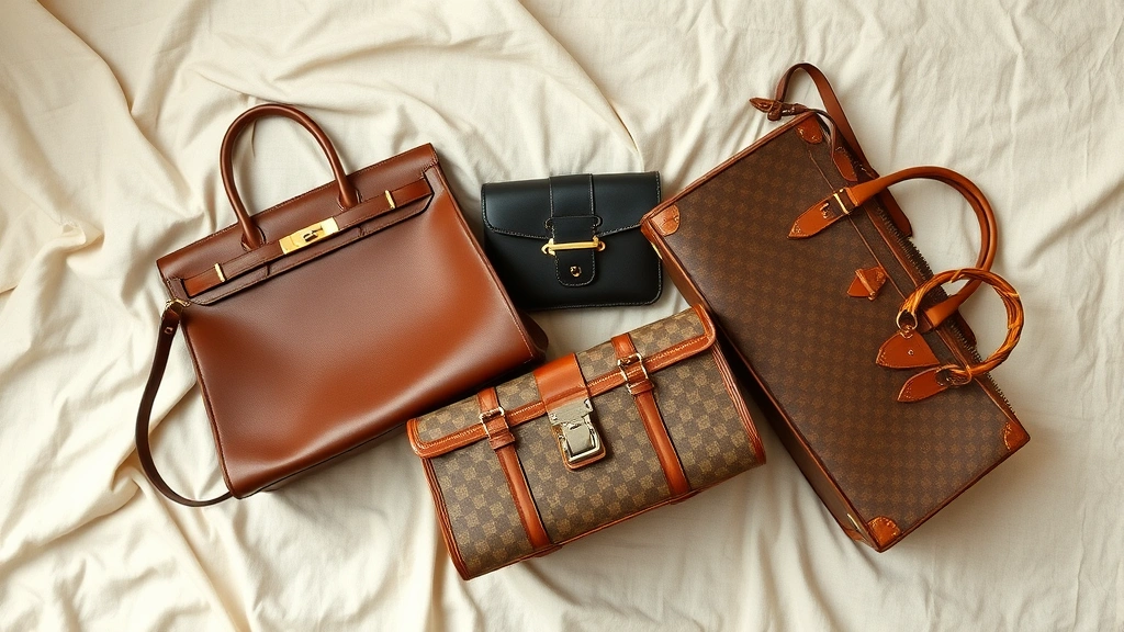 Flat lay photography of vintage designer handbags arranged artfully—Hermès Kelly, Louis Vuitton trunk, Gucci bamboo bag—on cream linen fabric, showing authentic patina and timeless luxury appeal