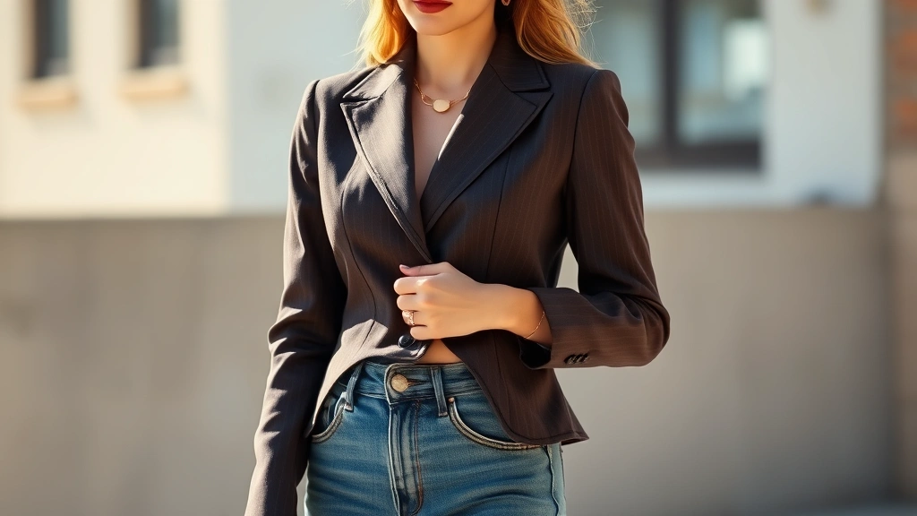 Woman wearing perfectly styled vintage ensemble: tailored 1990s Armani blazer, high-waisted vintage Levi's, delicate gold jewelry, photographed in natural daylight with confident pose
