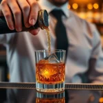 Professional bartender pouring premium bourbon into crystal Old Fashioned glass with large ice cube, ambient bar lighting, warm golden tones, sophisticated setting