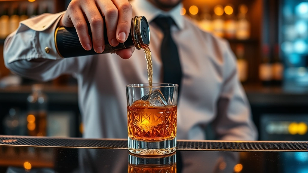 Professional bartender pouring premium bourbon into crystal Old Fashioned glass with large ice cube, ambient bar lighting, warm golden tones, sophisticated setting