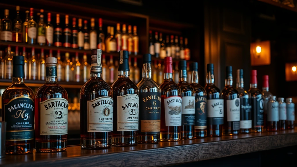 Artfully arranged whiskey bottles on wooden bar shelf, including bourbon and rye varieties, moody atmospheric lighting, professional bar environment, elegant composition