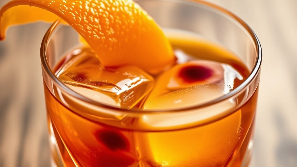 Close-up of finished Old Fashioned cocktail with orange peel garnish, crystal glass, melting ice cube, bitters swirl visible, professional photography, refined presentation