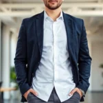 Professional big and tall man wearing tailored navy blazer over crisp white dress shirt and fitted charcoal trousers, standing confidently in modern office environment with natural lighting