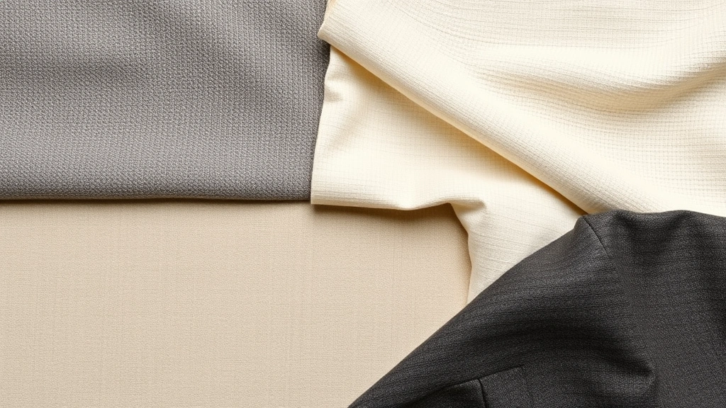 Overhead flat lay of premium menswear fabrics showing texture variety: merino wool knit, cotton oxford cloth, linen blend, and wool suiting swatches arranged artfully