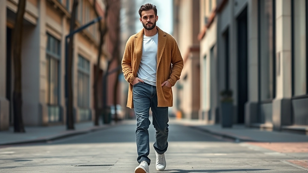 Stylish tall man in oversized camel cardigan over white tee with relaxed-fit dark jeans and white leather sneakers, walking through urban street with confident posture