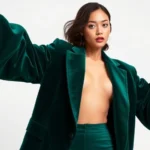 Oversized velvet blazer in deep emerald green with dramatic puffed sleeves, worn by confident model against minimalist white backdrop, rich fabric texture visible, luxurious and theatrical styling