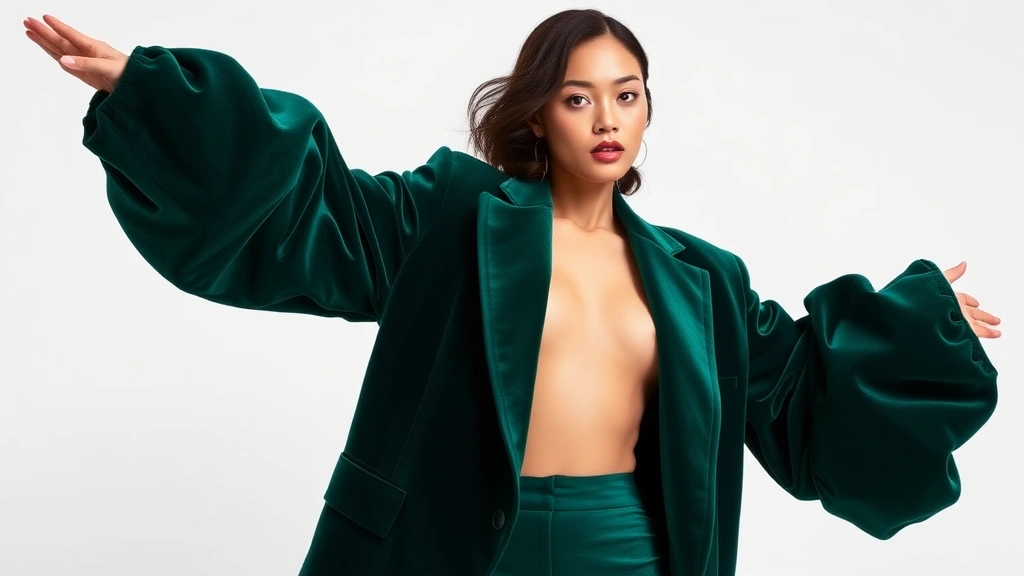 Oversized velvet blazer in deep emerald green with dramatic puffed sleeves, worn by confident model against minimalist white backdrop, rich fabric texture visible, luxurious and theatrical styling