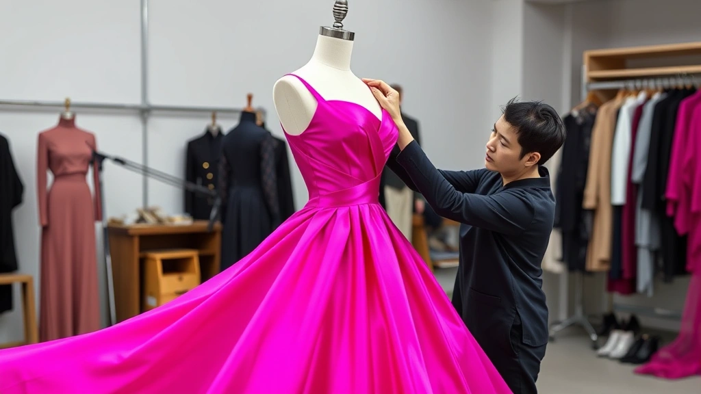 Fashion designer adjusting vibrant fuchsia silk gown with voluminous skirt on dress form, studio setting, showing craftsmanship and attention to detail, bold color saturation