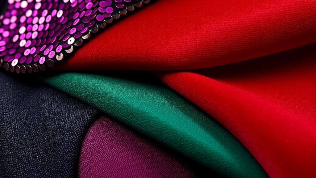 Layered textures closeup: sequined fabric meeting smooth velvet, rich jewel tones blending together, tactile detail shot showing luxury material innovation and color blocking technique