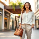 Woman wearing cream linen button-down and tailored neutral trousers, holding a structured leather handbag, standing in an upscale shopping district with modern architecture, warm afternoon sunlight, sophisticated casual styling