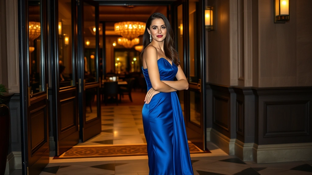 Elegant woman in sapphire blue silk midi dress with delicate gold jewelry and metallic heels, posed near a luxury restaurant entrance with warm evening lighting, refined evening wear aesthetic