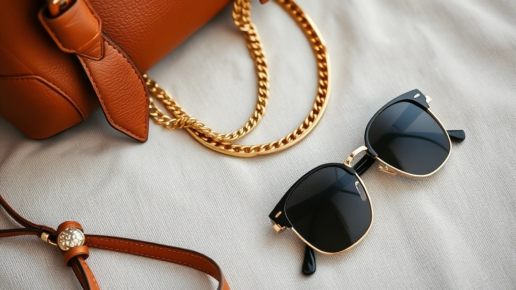 Fashion detail shot of quality leather accessories including cognac handbag, gold layered necklaces, and designer sunglasses arranged on neutral textile background, luxury lifestyle aesthetic