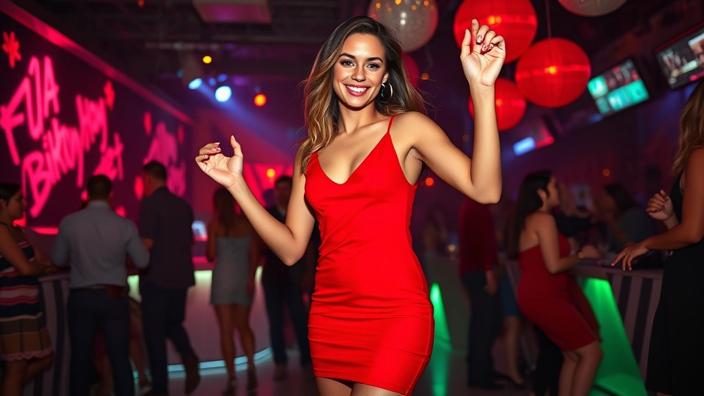Young woman in bold red bodycon birthday dress, dancing celebration environment, modern nightclub setting, confident expression, vibrant party atmosphere, photorealistic