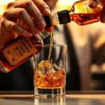 Professional bartender carefully measuring Angostura bitters into a crystal rocks glass, warm golden lighting, close-up detail of the bitters bottle and pouring technique