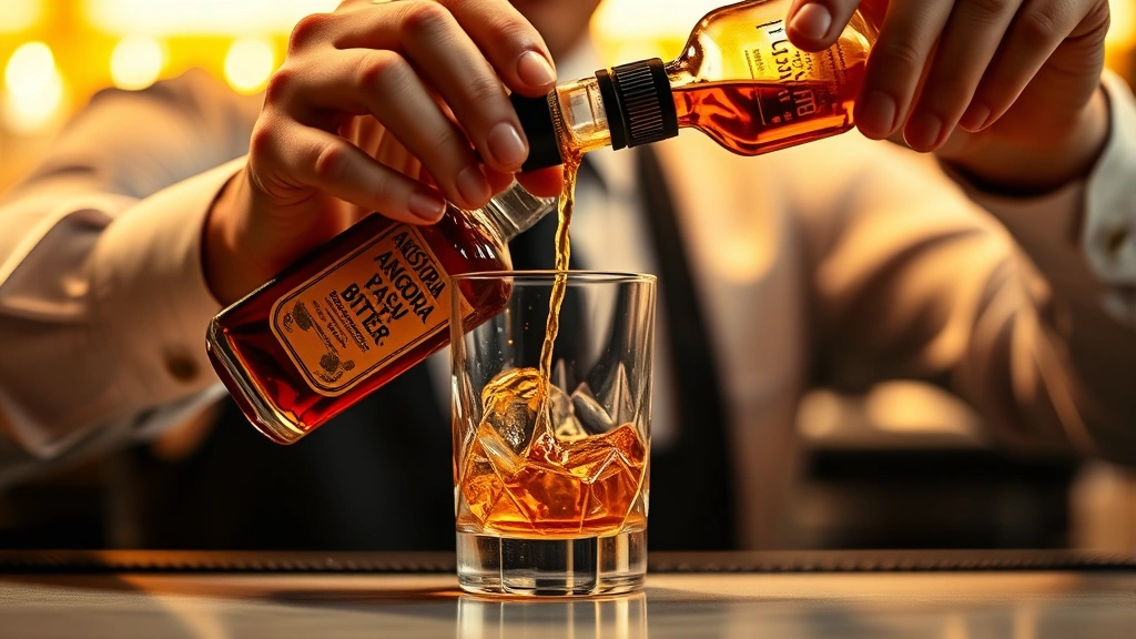 Professional bartender carefully measuring Angostura bitters into a crystal rocks glass, warm golden lighting, close-up detail of the bitters bottle and pouring technique