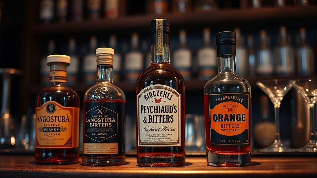 Three classic bitters bottles displayed elegantly on a wooden bar shelf - Angostura, Peychaud's, and orange bitters - with moody atmospheric lighting and glassware