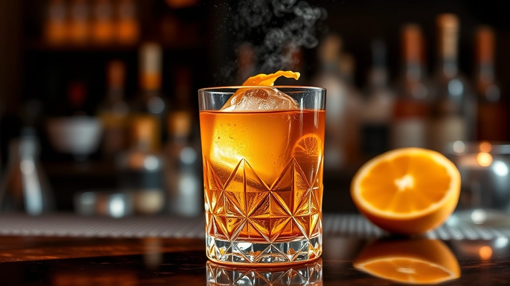 Finished Old Fashioned cocktail in a cut crystal rocks glass with large ice cube, orange peel expression misting above, professional bar setting with warm ambient lighting