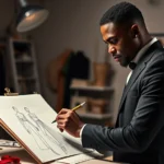 Black male fashion designer sketching haute couture gown with precision, dramatic studio lighting, creative workspace with fabrics and design materials, confident artistic expression
