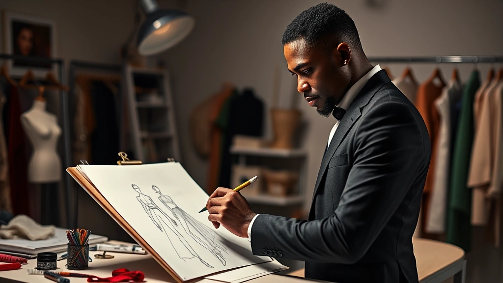 Black male fashion designer sketching haute couture gown with precision, dramatic studio lighting, creative workspace with fabrics and design materials, confident artistic expression