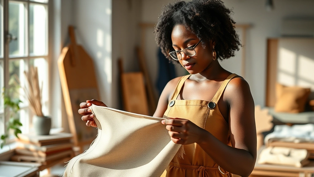 Black female designer examining sustainable fabric swatches, hands-on craftsmanship moment, natural studio lighting, luxury materials and ethical production focus, design process authenticity