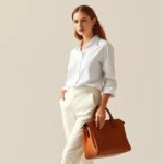A woman wearing perfectly fitted cream linen trousers, a white silk button-down shirt, and a structured cognac leather handbag, standing in natural light with neutral background, embodying timeless elegance and blair fashions sophistication