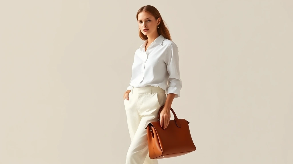 A woman wearing perfectly fitted cream linen trousers, a white silk button-down shirt, and a structured cognac leather handbag, standing in natural light with neutral background, embodying timeless elegance and blair fashions sophistication