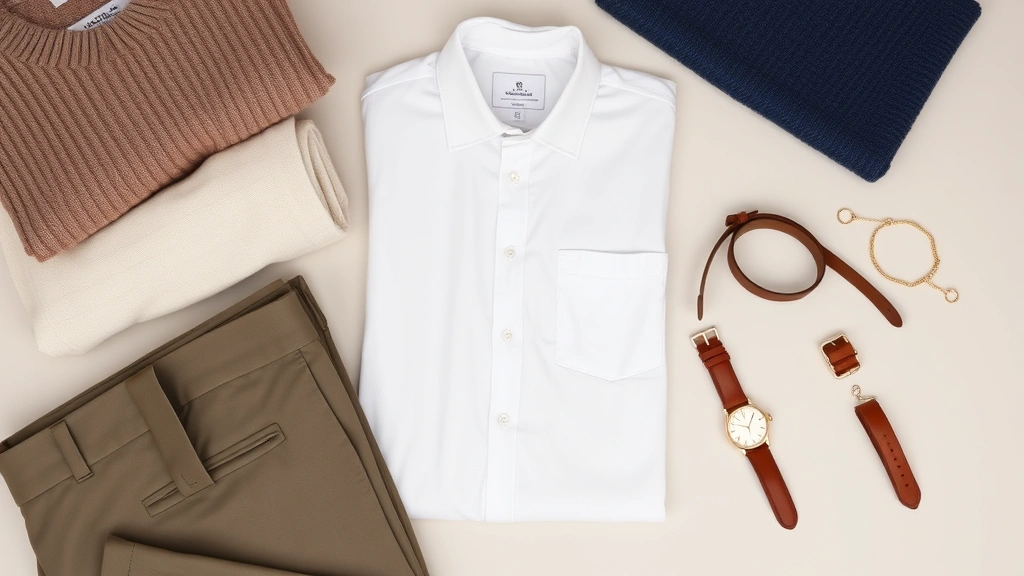 Flat lay arrangement of classic wardrobe essentials including folded neutral sweaters, white button-down, tailored trousers, quality leather belt, simple gold jewelry, and a quality watch on a light neutral surface