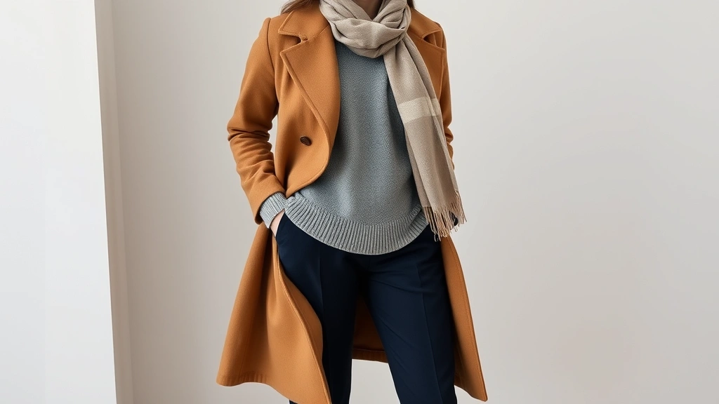 Woman styled in layered neutral tones wearing a camel wool coat over a gray sweater and navy trousers with classic leather flats and a delicate scarf, demonstrating seasonal blair fashions styling and refined simplicity