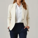Woman wearing cream linen blazer over white button-down shirt with tailored navy trousers, standing confidently with neutral background, professional lighting highlighting fabric texture