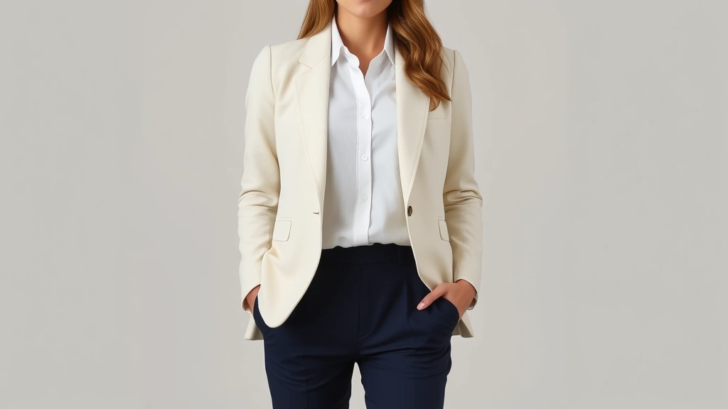 Woman wearing cream linen blazer over white button-down shirt with tailored navy trousers, standing confidently with neutral background, professional lighting highlighting fabric texture