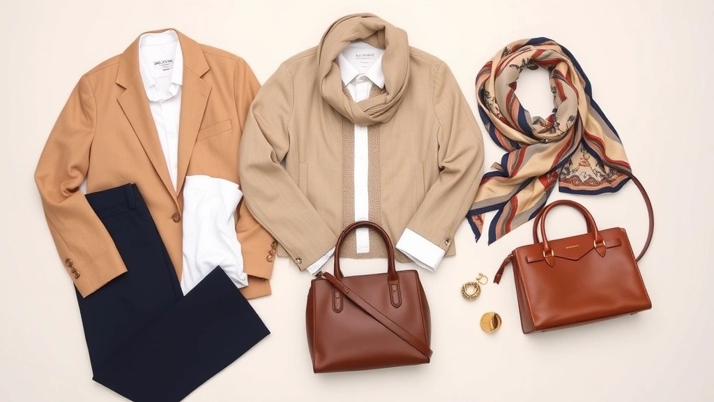 Overhead flat lay of wardrobe essentials including white cotton shirt, neutral sweater, camel blazer, navy trousers, silk scarf, leather handbag, and gold jewelry on soft background