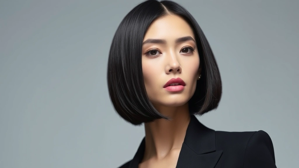 Sleek chin-length blunt bob haircut on model with straight dark hair, professional studio lighting, fashion editorial style, clean geometric lines, sophisticated polished appearance
