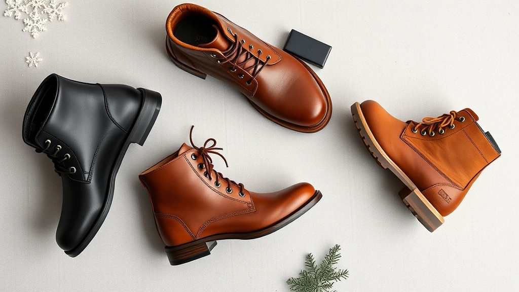 Overhead flat lay of premium men's winter boots in various styles—black Chelsea boot, brown leather hiking boot, tan chukka boot—arranged artfully on neutral background with subtle winter elements like snowflakes or frost patterns