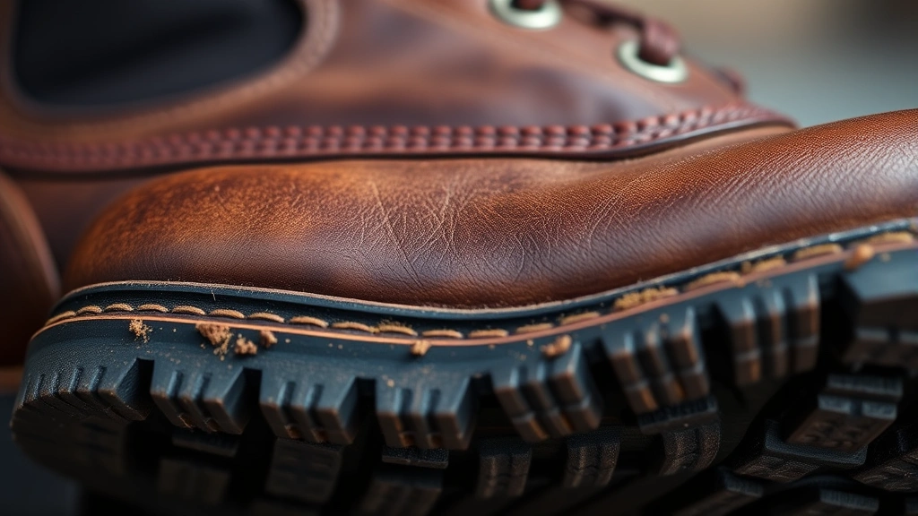 Close-up detail shot of high-quality leather texture and stitching on premium men's boot, showing craftsmanship, weathered patina, and Vibram sole traction pattern, professional product photography style