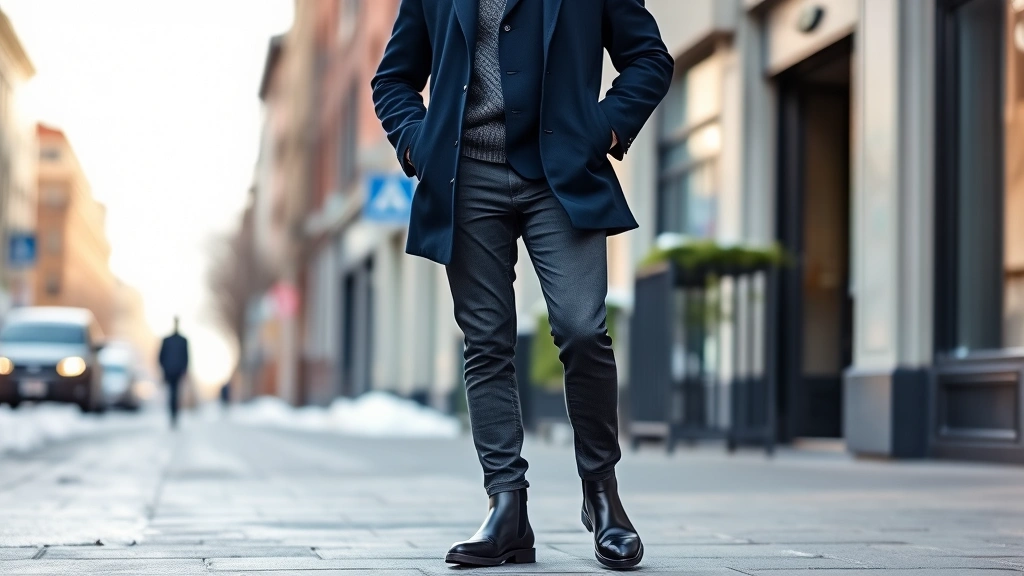 Stylish man wearing tailored navy winter coat and charcoal wool pants, standing confidently in well-fitted black Chelsea boots on snowy urban street, modern casual-professional aesthetic, natural winter lighting