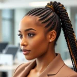 Woman with sleek high ponytail box braids featuring gold metallic thread accents, professional office setting background, wearing structured blazer, confident pose